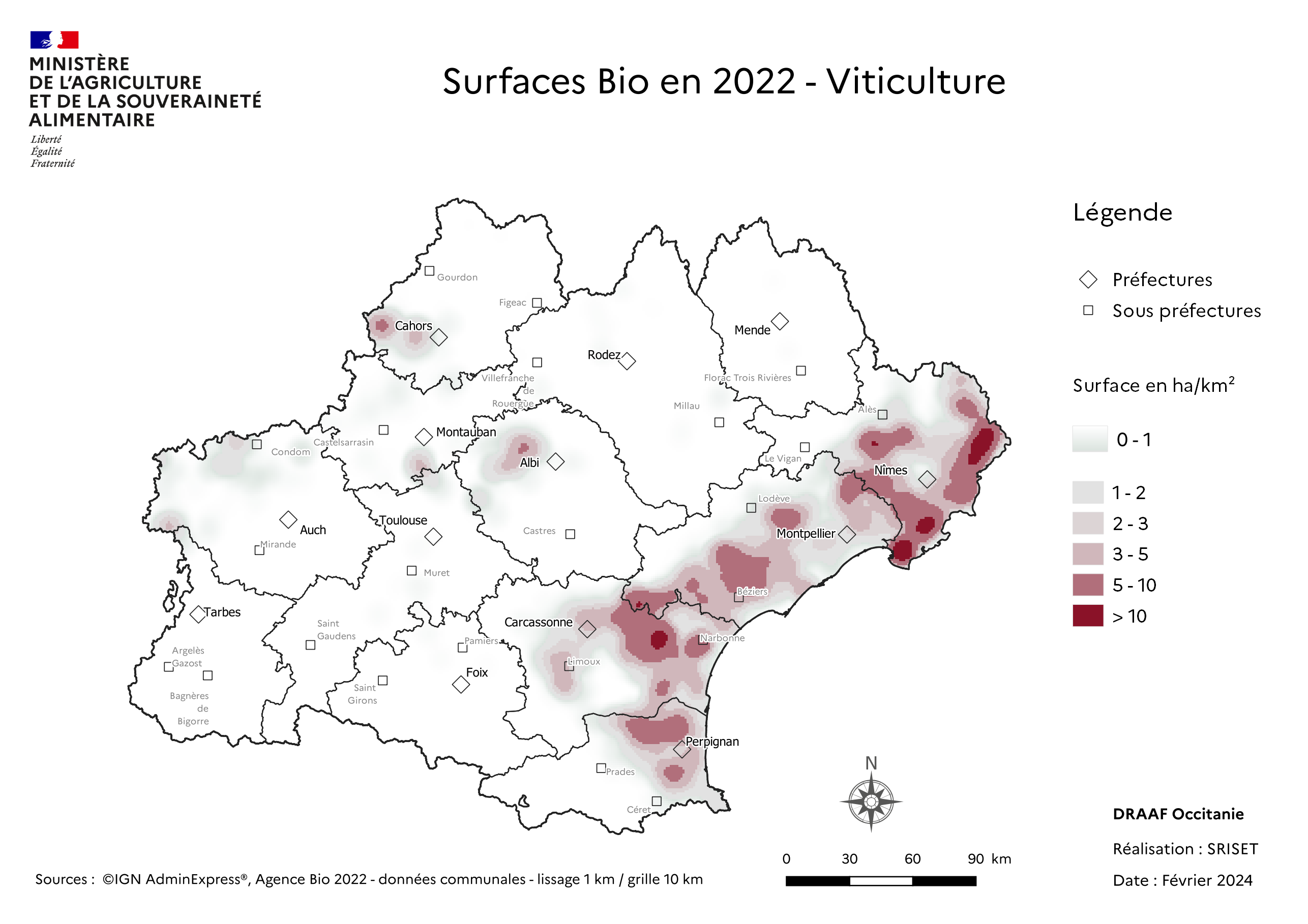 Carte des surfaces Bio en viticulture de la région Occitanie - concerne principalement l'arc méditérranéen; departement 66,11, 34, 30.