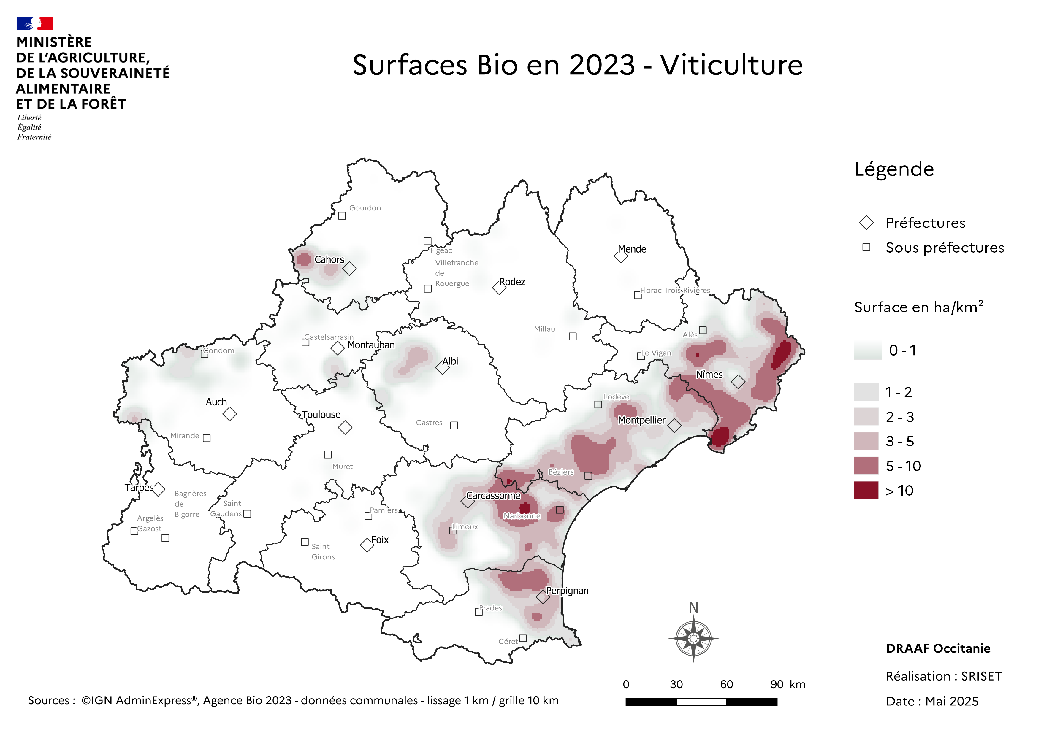 Viticulture AB Carte des surfaces Bio en viticulture de la région Occitanie - concerne principalement l'arc méditérranéen; departement 66,11, 34, 30.