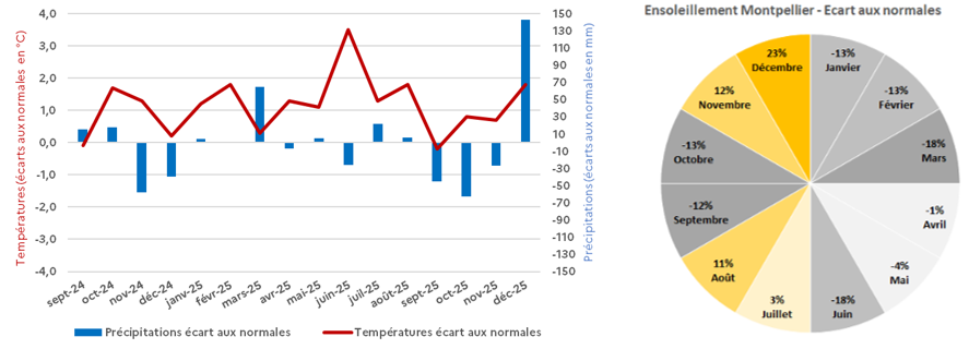 Figure 4 - Écarts aux normales des températures et précipitations sur le littoral méditerranéen d'Occitanie Stations : Nîmes, Montpellier, Perpignan, Carcassonne et ensoleillement station de Montpellier-Fréjorgues - voir la transcription ci-dessous