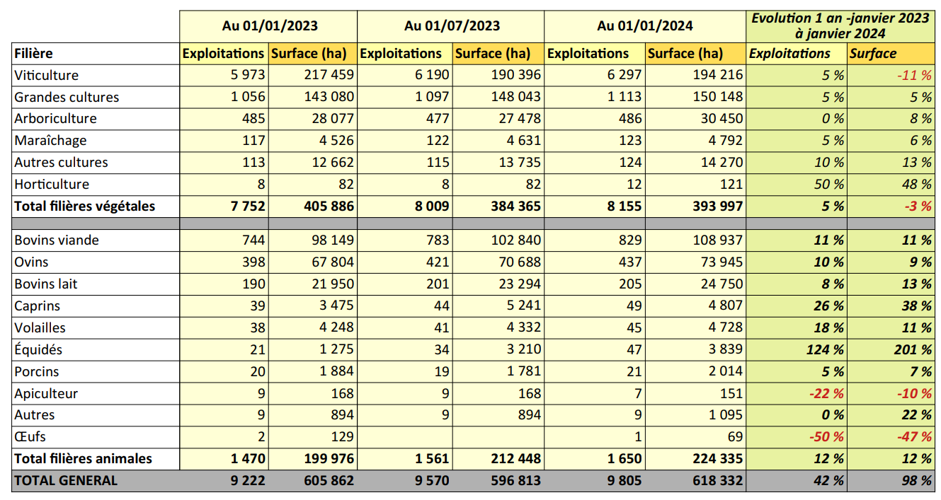 Nombre d'exploitations HVE par filière au 01/01/2024