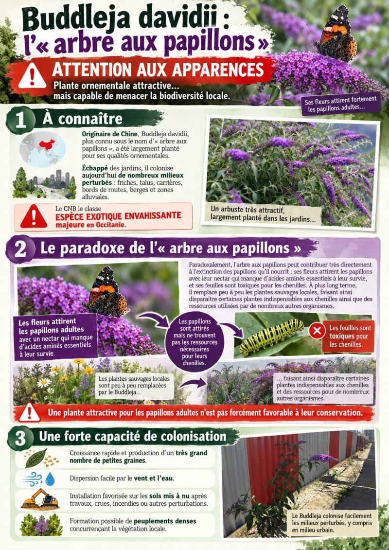 &Agrave; conna&icirc;tre Originaire de Chine, Buddleja davidii, plus connu sous le nom d'&laquo; arbre aux papillons &raquo;, a &eacute;t&eacute; largement plant&eacute; pour ses qualit&eacute;s ornementales. &Eacute;chapp&eacute; des jardins, il colonise aujourd'hui de nombreux milieux perturb&eacute;s : friches, talus, carri&egrave;res, bords de routes, berges et zones alluviales. Le CNB le classe ESP&Egrave;CE EXOTIQUE ENVAHISSANTE majeure en Occitanie. Le paradoxe de &laquo; l'arbre aux papillons &raquo; Paradoxalement, l'arbre aux papillons peut contribuer tr&egrave;s directement &agrave; l'extinction des papillons qu'il nourrit : Ses fleurs attirent les papillons avec leurs nectars qui manque d'acide amin&eacute;s essentiel a leurs survie et ses feuilles sont toxiques pour les chenilles contrairement aux plantes sauvages locales. Plantes sauvage locales et diversifier qui sont peut a peut remplac&eacute; par le Buddleja faisant ainsi dispara&icirc;tre certaines plantes indispensables aux chenilles ainsi que des ressources utilis&eacute;es par de nombreux autres organismes. une plante attractive pour les papillons adultes n'est pas forc&eacute;ment favorable &agrave; leur conservation. Une forte capacit&eacute; de colonisation &bull; Croissance rapide et production d'un tr&egrave;s grand nombre de petites graines. &bull; Dispersion facile par le vent et l'eau. &bull; Installation favoris&eacute;e sur les sols mis &agrave; nu apr&egrave;s travaux, crues, incendies ou autres perturbations. &bull; Formation possible de peuplements denses concurren&ccedil;ant la v&eacute;g&eacute;tation locale. 