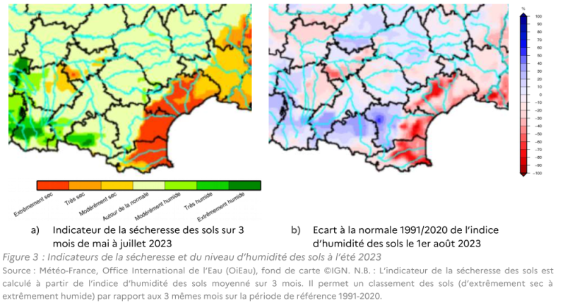 Indicateurs de la sécheresse et du niveau d'humidité des sols à l'été 2023