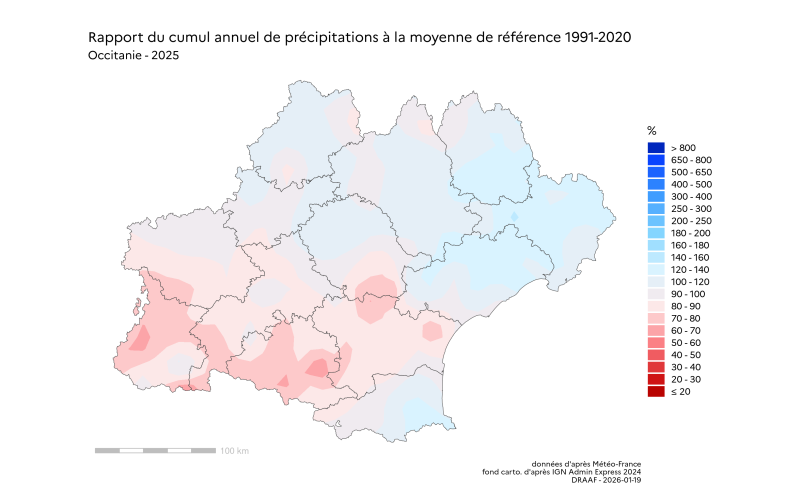 Figure 1 - Écarts (%) aux normales des précipitations en Occitanie en 2025