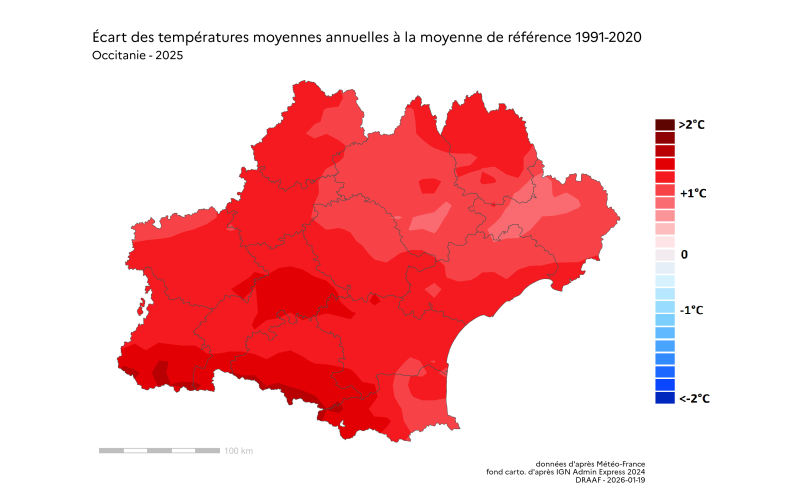  Figure 2 - Écarts aux normales des températures en Occitanie en 2025