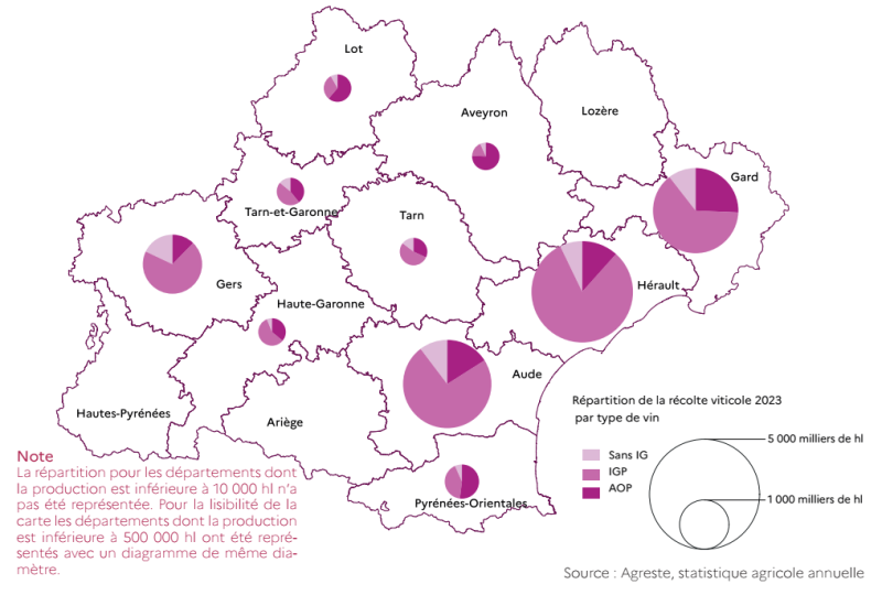 Cette carte présente graphiquement certaines données présentes dans le tableau "Production vitivoles en Occitanie en 2023"