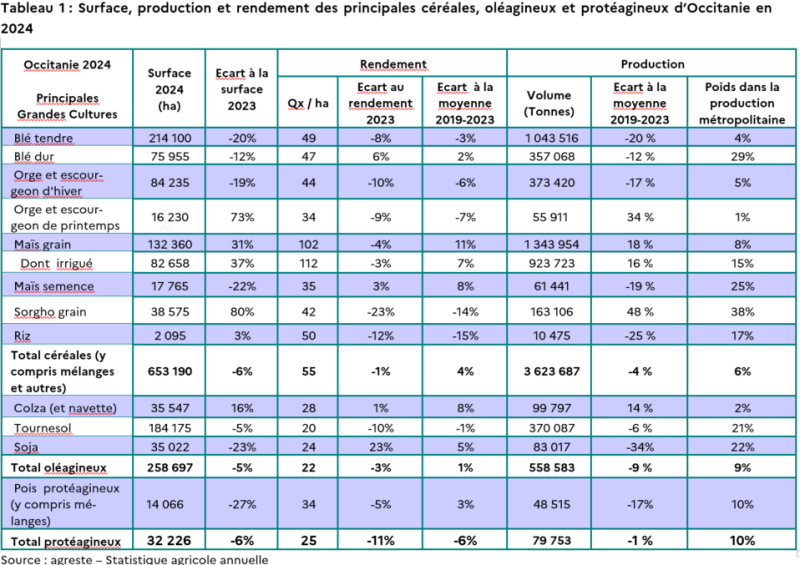 Tableau 1 : Surface, production et rendement des principales céréales, oléagineux et protéagineux d'Occitanie en 2024 Ce tableau présente les données concernant la surface cultivée, le rendement et la production des principales cultures en Occitanie pour l'année 2024. Voici un résumé des informations clés : Blé tendre : Surface : 214 100 hectares, en baisse de 20 % par rapport à 2023. Rendement : 49 quintaux par hectare, en baisse de 8 % par rapport à 2023 et de 3 % par rapport à la moyenne 2019-2023. Production : 1 043 516 tonnes, en baisse de 20 % par rapport à la moyenne 2019-2023, représentant 4 % de la production métropolitaine. Blé dur : Surface : 75 955 hectares, en baisse de 12 %. Rendement : 47 quintaux par hectare, en hausse de 6 %. Production : 357 068 tonnes, en baisse de 12 %, représentant 29 % de la production métropolitaine. Orge et escourgeon d'hiver : Surface : 84 235 hectares, en baisse de 19 %. Rendement : 44 quintaux par hectare, en baisse de 10 %. Production : 373 420 tonnes, en baisse de 17 %, représentant 5 % de la production métropolitaine. Orge et escourgeon de printemps : Surface : 16 230 hectares, en hausse de 73 %. Rendement : 34 quintaux par hectare, en baisse de 9 %. Production : 55 911 tonnes, en hausse de 34 %, représentant 1 % de la production métropolitaine. Maïs grain : Surface : 132 360 hectares, en hausse de 31 %. Rendement : 102 quintaux par hectare, en baisse de 4 %. Production : 1 343 954 tonnes, en hausse de 18 %, représentant 8 % de la production métropolitaine. Maïs irrigué : Surface : 82 658 hectares, en hausse de 37 %. Rendement : 112 quintaux par hectare, en baisse de 3 %. Production : 923 723 tonnes, en hausse de 16 %, représentant 15 % de la production métropolitaine. Maïs semence : Surface : 17 765 hectares, en baisse de 22 %. Rendement : 35 quintaux par hectare, en hausse de 3 %. Production : 61 441 tonnes, en baisse de 19 %, représentant 25 % de la production métropolitaine. Sorgho grain : Surface : 38 575 hectares, en hausse de 80 %. Rendement : 42 quintaux par hectare, en baisse de 23 %. Production : 163 106 tonnes, en hausse de 48 %, représentant 38 % de la production métropolitaine. Riz : Surface : 2 095 hectares, en hausse de 3 %. Rendement : 50 quintaux par hectare, en baisse de 12 %. Production : 10 475 tonnes, en baisse de 25 %, représentant 17 % de la production métropolitaine. Total céréales (y compris mélanges et autres) : Surface : 653 190 hectares, en baisse de 6 %. Rendement : 55 quintaux par hectare, en baisse de 1 %. Production : 3 623 687 tonnes, en baisse de 4 %, représentant 6 % de la production métropolitaine. Colza (et navette) : Surface : 35 547 hectares, en hausse de 16 %. Rendement : 28 quintaux par hectare, en baisse de 1 %. Production : 99 797 tonnes, en hausse de 14 %, représentant 2 % de la production métropolitaine. Tournesol : Surface : 184 175 hectares, en baisse de 5 %. Rendement : 20 quintaux par hectare, en baisse de 10 %. Production : 370 087 tonnes, en baisse de 6 %, représentant 21 % de la production métropolitaine. Soja : Surface : 35 022 hectares, en baisse de 23 %. Rendement : 24 quintaux par hectare, en hausse de 23 %. Production : 83 017 tonnes, en baisse de 34 %, représentant 22 % de la production métropolitaine. Total oléagineux : Surface : 258 697 hectares, en baisse de 5 %. Rendement : 22 quintaux par hectare, en baisse de 3 %. Production : 558 583 tonnes, en baisse de 9 %, représentant 9 % de la production métropolitaine. Poix protéagineux (y compris mélanges) : Surface : 14 066 hectares, en baisse de 27 %. Rendement : 34 quintaux par hectare, en baisse de 5 %. Production : 48 515 tonnes, en baisse de 17 %, représentant 10 % de la production métropolitaine. Total protéagineux : Surface : 32 226 hectares, en baisse de 6 %. Rendement : 25 quintaux par hectare, en baisse de 11 %. Production : 79 753 tonnes, en baisse de 1 %, représentant 10 % de la production métropolitaine.