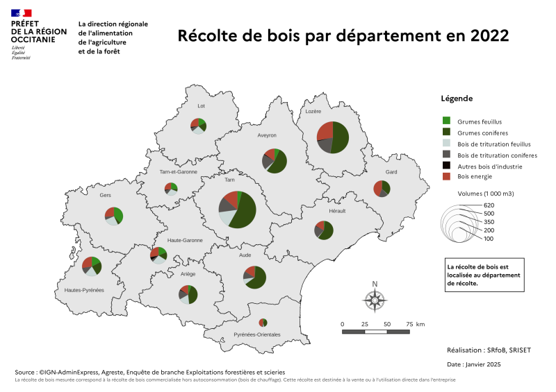 Le Tarn (23%), la Lozère (17%) et l'Aveyron (10%) sont les principaux départements de production de la région. En volume la moitié de la production régionale est valorisée sous forme de grumes, principalement de conifères. Le bois de trituration représente lui 26% de la production régionale et le bois énergie 22%.