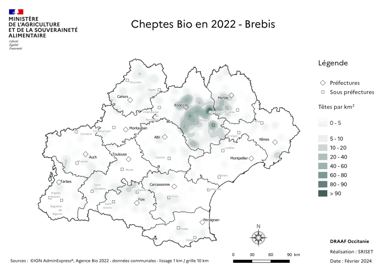 Carte du cheptel Bio de brebis de la région Occitanie - principalement situé en Aveyron et Lozère