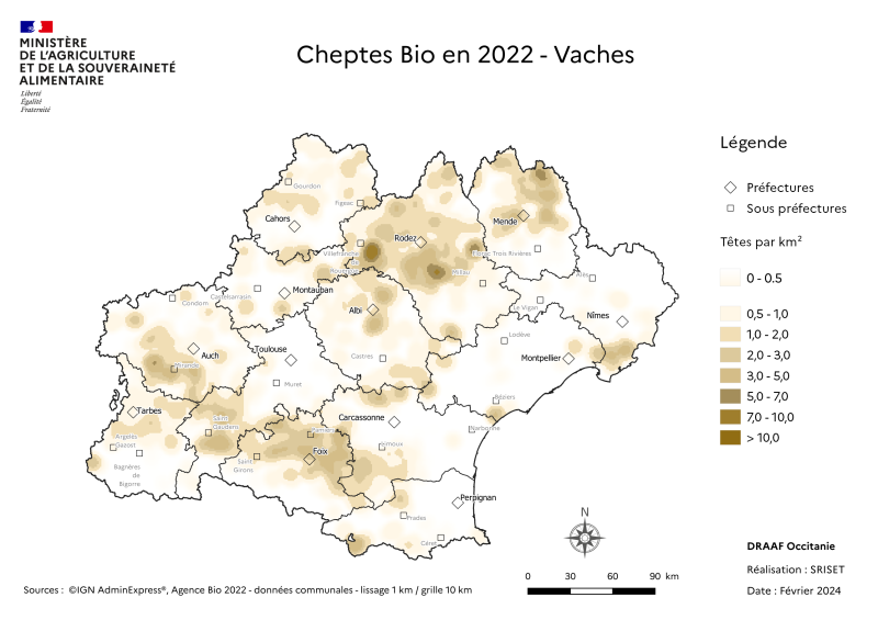 Carte du cheptel Bio de vaches de la région Occitanie - concerne principalement l'Aveyron et la Lozère et les zones piemont des Pyrénées