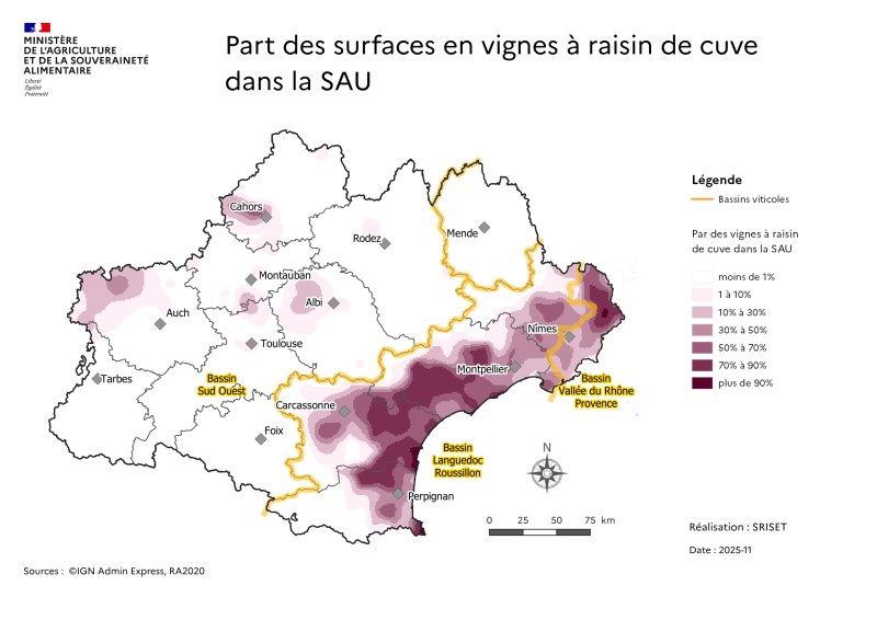 Les surfaces en raisin de cuve concernent principalement le bassin viticole Languedoc-Roussillon conctitué des départements méditéranéens, Pyrénées Orientales, Aude, Hérault et ouest du gard. On retrouve également des sufaces dans l'est du Gard qui apparteient au bassin de la vallée du Rhône. En ex Midi-Pyrénées on retrouve des zones de production moins denses dans le Tarn, Le Lot et le Gers.