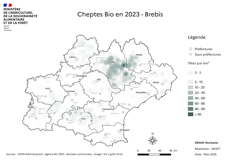 Carte du cheptel Bio de brebis de la région Occitanie - principalement situé en Aveyron et Lozère