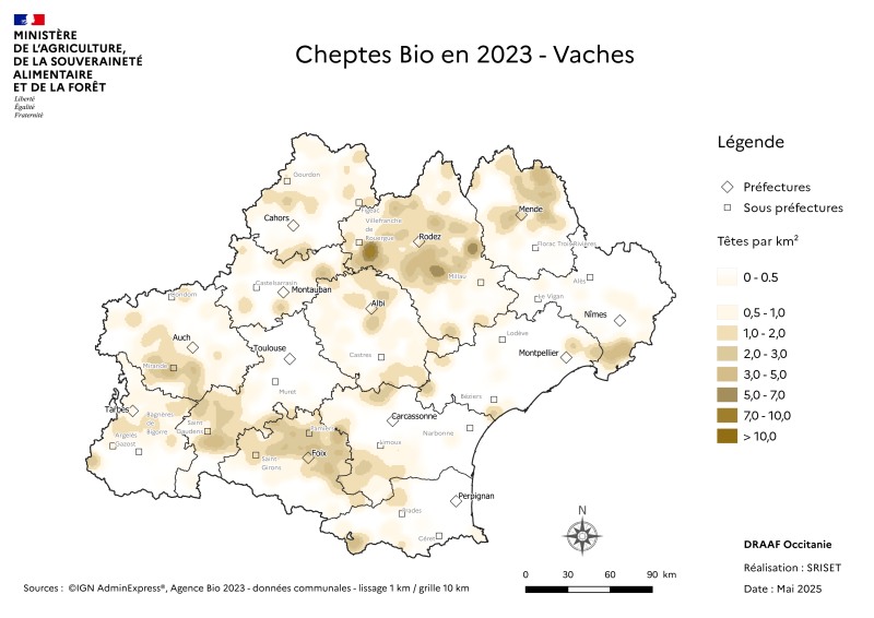 Carte du cheptel Bio de vaches de la région Occitanie - concerne principalement l'Aveyron et la Lozère et les zones piemont des Pyrénées