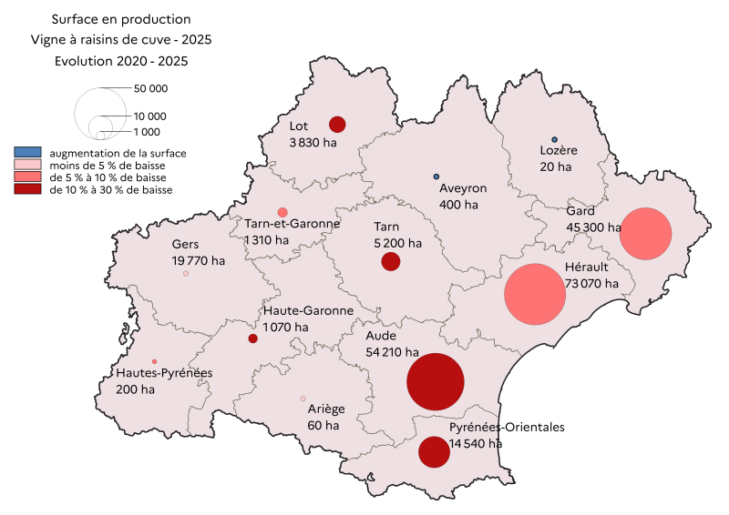 Carte 1 - Surfaces départementales en Vigne en 2025 et évolution entre 2020 et 2025