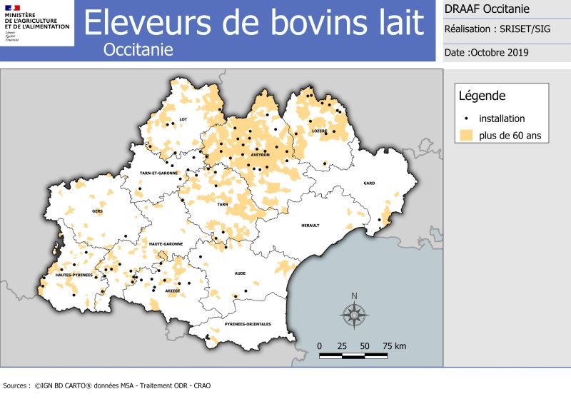 Carte des éleveurs de bovins lait principalement situés en Avyeron