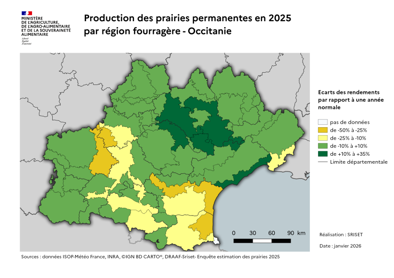 Carte 3- Production des prairies permanentes en 2025 par région fourragère d'Occitanie. 