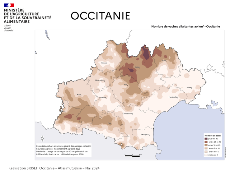 Le cheptel de vaches allaintante se situe principalement dans 2 zones de la région. Zone 1: le sud du massif central consititué du département de l'Aveyron et des franges contigues des départements limitrophes. Zone 2: Le piémont des Pyrénées dans les départements des Haites Pyrénéess, de la Haute Garonne et de l'Ariège.
