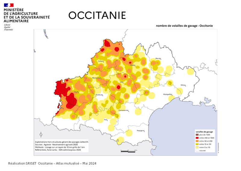 Le cheptel de volilles de gavage se situe princiapalement dans l'ouest de la région, département du Gers, Nord des Hautes-Pyrénées et Nord du Lot.