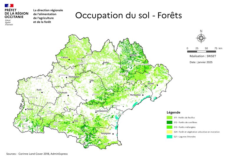 Les massifs forestiers concernent principalement les zones des massifs de montagne. Les Pyrénées pour les départements du sud de la région avec une répartitition mixte feuillus/conifères. La zone massif central qui concerne en intégralité les département du Lot (feuillus), de l'Aveyron (feuillus), de la Lozère (conifères sauf sud en feuillus). Le massig central descend encore plus au sud avec le nord du Gard et e l'Hérault en feuillus. La montagne noire pointe sud du massif central qui marque la frontière Tarn/Aude est en puplement mixte.