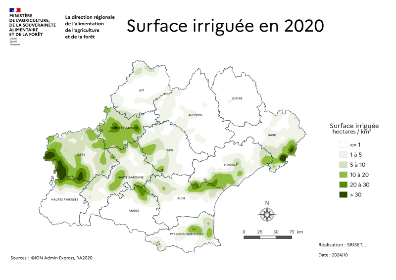 Les surfaces irriguées concernent principalement le sud et l'ouest du Gers (garndes cultures), le Tarn et Garonne (Arboriculture), une zone de viticulture au nord de 'laude et sud de l'Herault, la plaine sud arboricole du Gard.