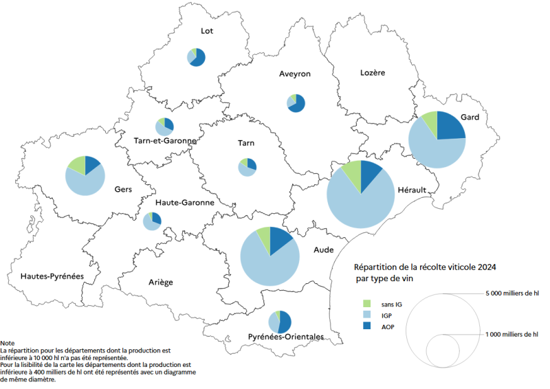 Cette carte présente graphiquement certaines données présentes dans le tableau "Production vitivoles en Occitanie en 2024"