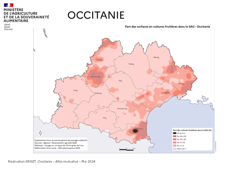 Les départements affichant la densité de surfaces en vergers les plus fortes sont le Tarn et Garonne, l'Aude dans sa partie Est et le Gard.