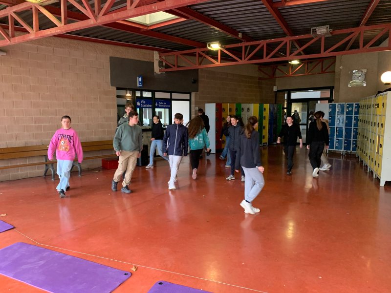 Image 3 : Dans un gymnase, des élèves réalisent une chorégraphie