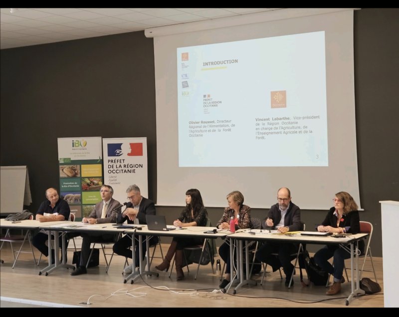 De gauche à droite : Christian Soler, Président d'Interbio Occitanie ; Olivier Rousset, Directeur régional de la DRAAF Occitanie ; Vincent Labarthe, Vice-Président de la Région Occitanie en charge de l'agriculture, de l'enseignement agricole et de la Forêt ; Manon Rigal, chargée de mission bio à la Région Occitanie ; Nancy Fauré, Directrice d'Interbio Occitanie ; Laurent René, Coordonnateur régional, Agence de l'Eau Adour-Garonne ; Nathalie Colin, responsable de l'unité aides directes et agro environnementales à la DRAAF Occitanie.